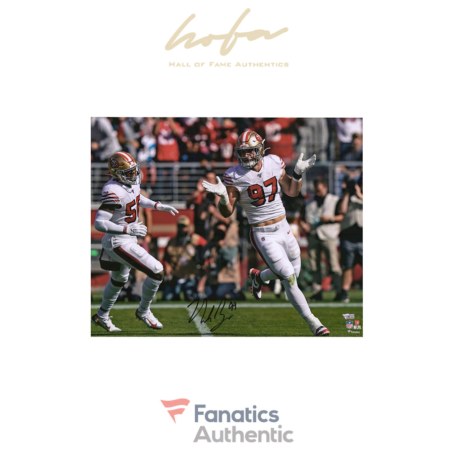 Nick Bosa San Francisco 49ers Autographed 16 x 20 White Jersey Shrug Photograph Fanatics Authentic Certified 
